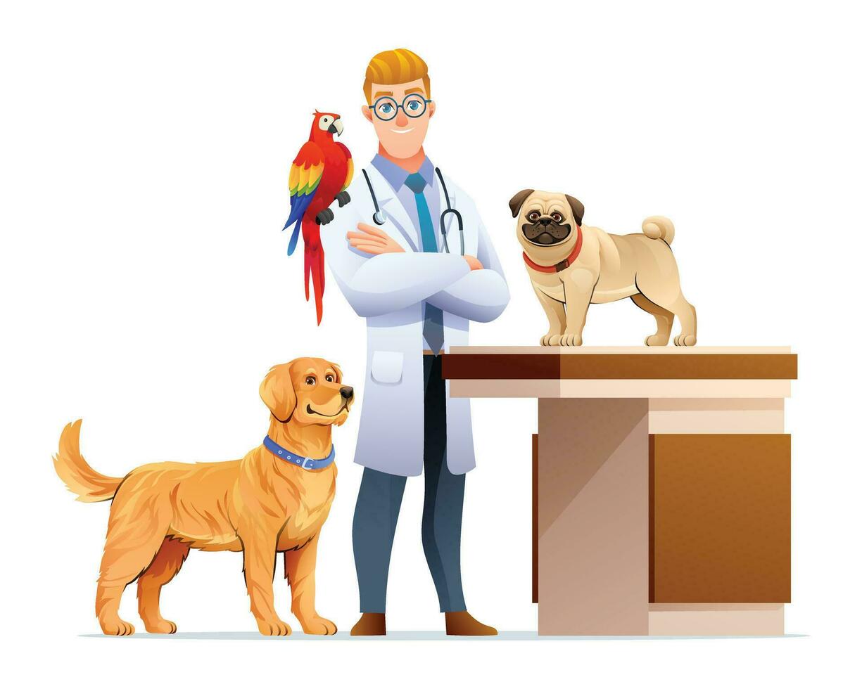 Veterinarian with dogs and a parrot bird cartoon illustration vector