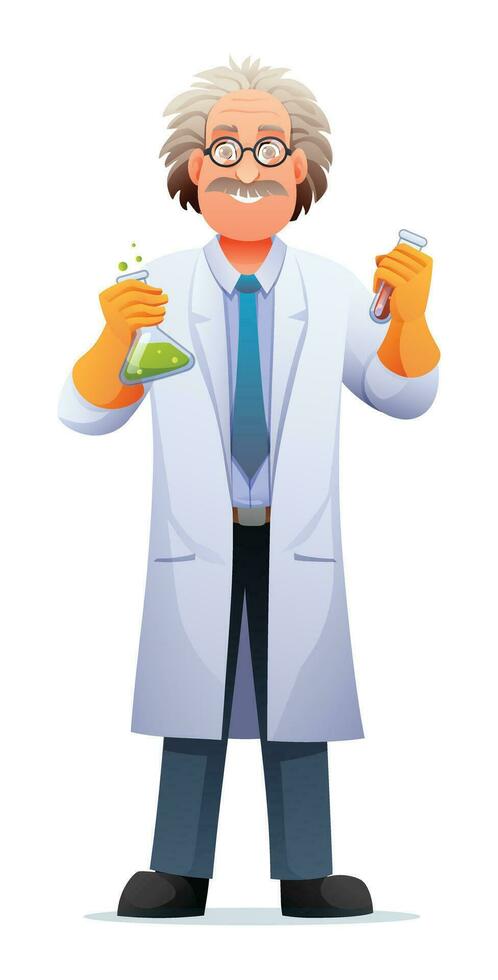 Scientist professor wearing lab coat holding test tubes. Vector cartoon character illustration