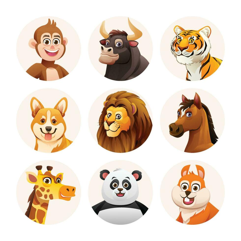 Animal avatar characters collection. Cute animal faces in cartoon style vector
