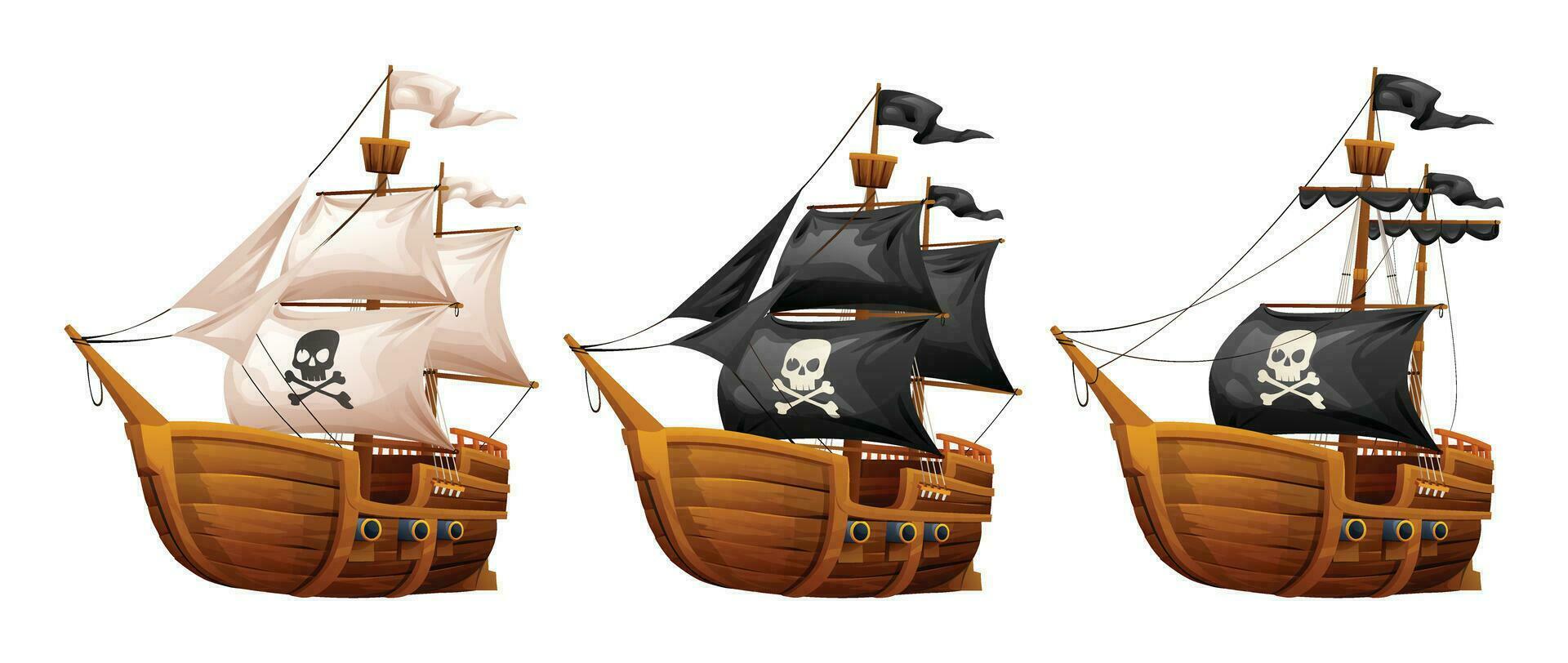 Cartoon wooden pirate ship illustration set isolated on white background vector