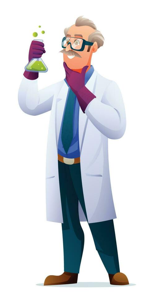 Scientist professor wearing lab coat holding a test tube. Vector cartoon character