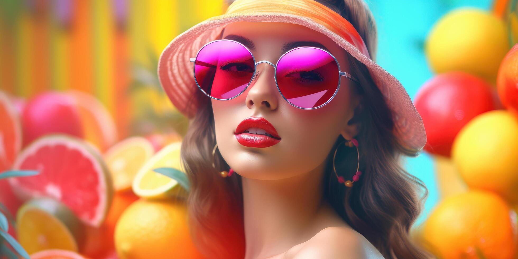 Beautiful Young Woman with Sunglasses, Summer Festive Time Background. photo