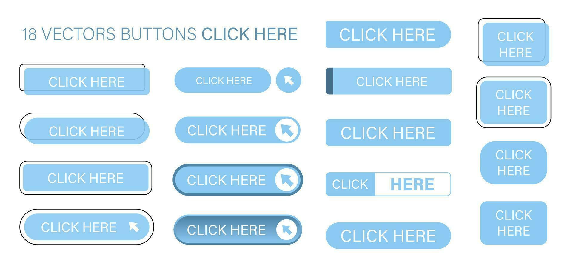 el hacer clic aquí es un conjunto de sencillo moderno botones. empujar botón para un solicitud, anuncio publicitario, Tienda o sitio web. varios íconos para tu producto vector