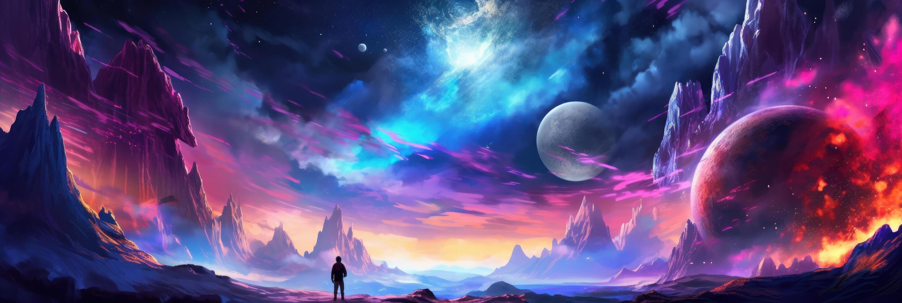 Human Space Exploration Background, Colorful Space Illustration. photo