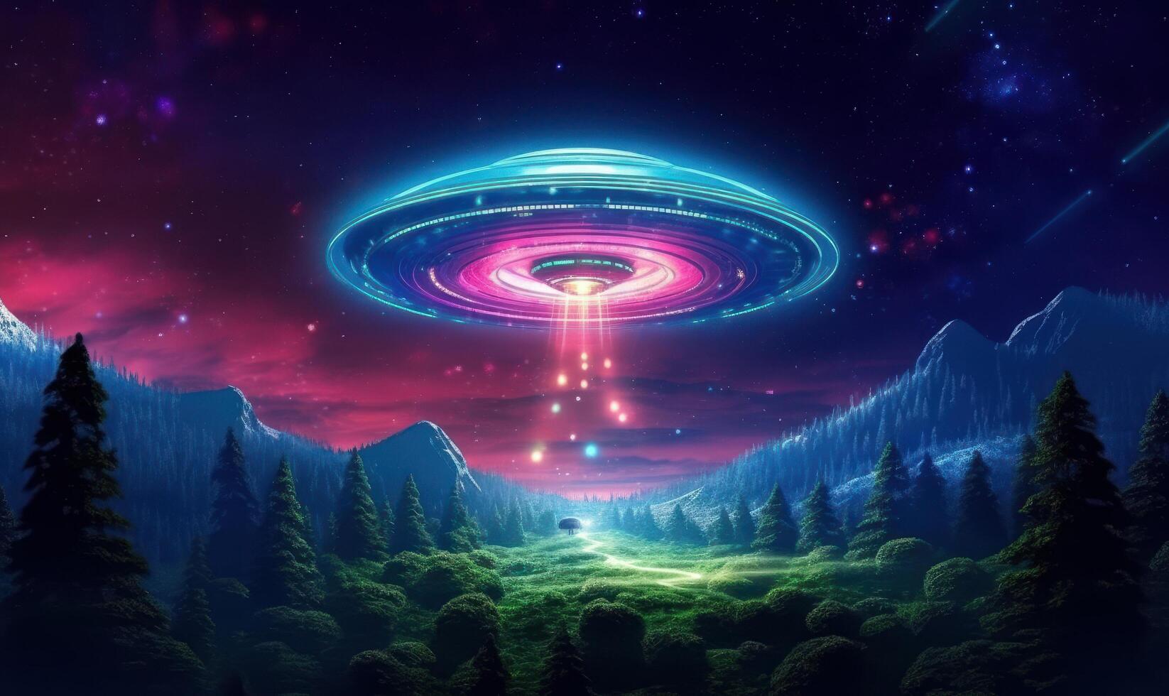 Unidentified Flying Object UFO Illustration, Alien Plate Hovering Over Background. photo