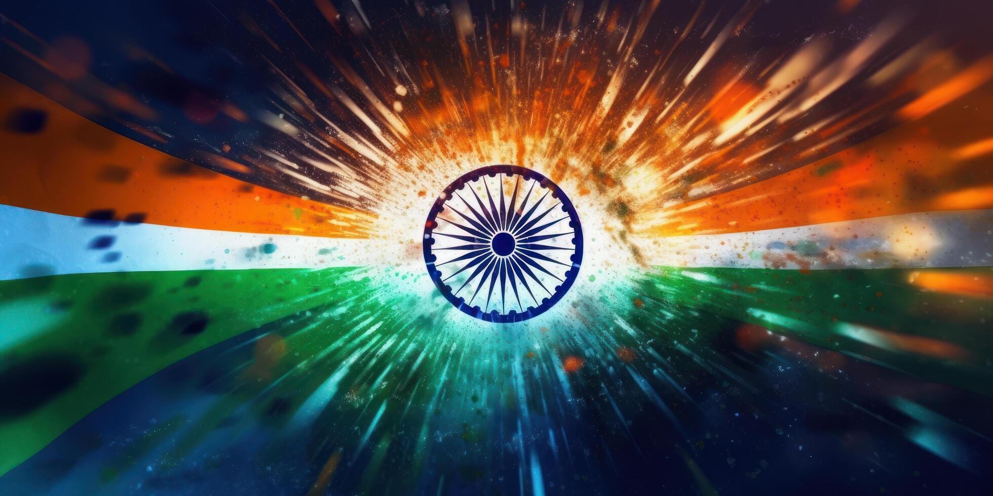 India Flag Waving with Effect Background, India Independence Day. Generative Ai photo