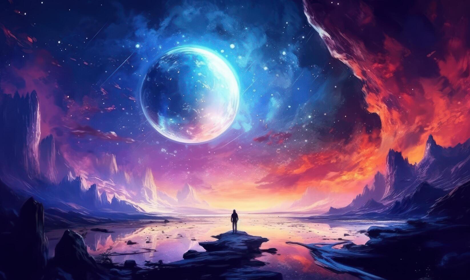 Human Space Exploration Background, Colorful Space Illustration. photo