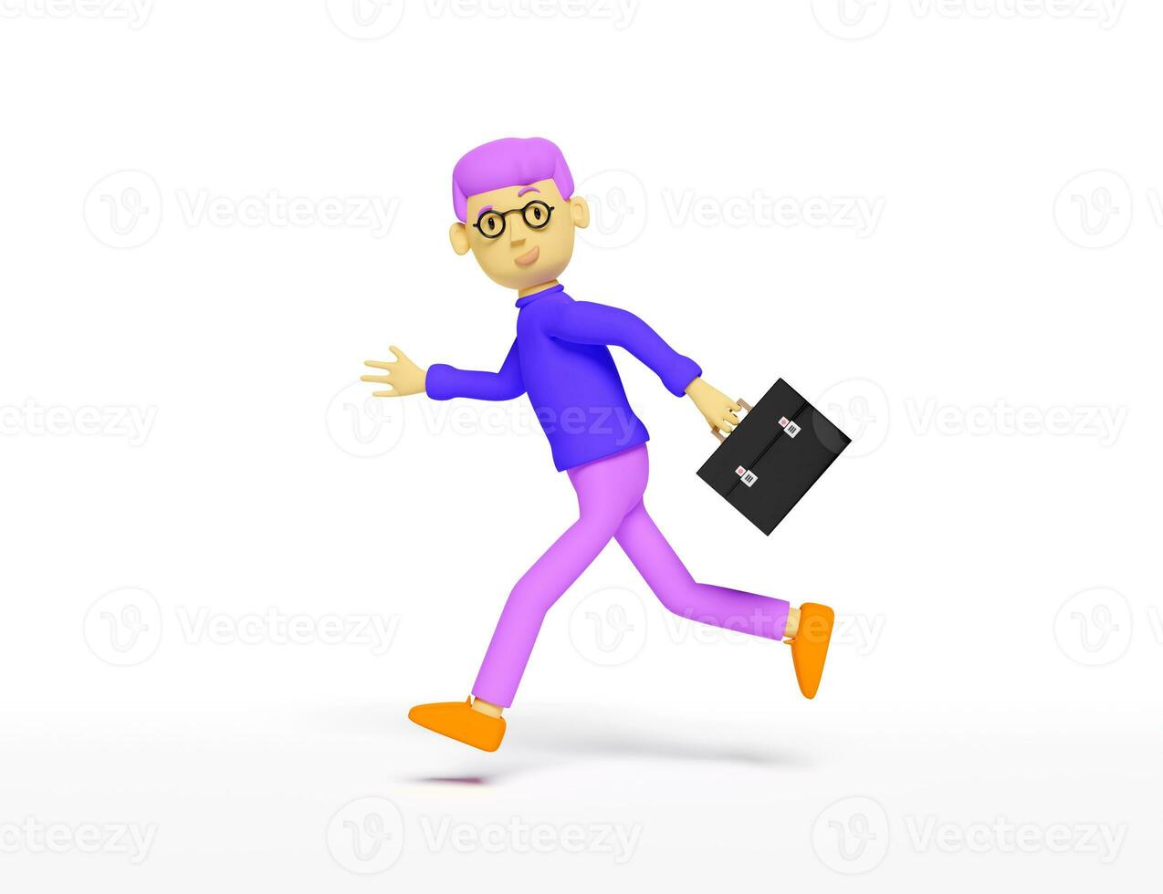 cartoon character businessman hold briefcase and runs isolated on white background ,3d render photo