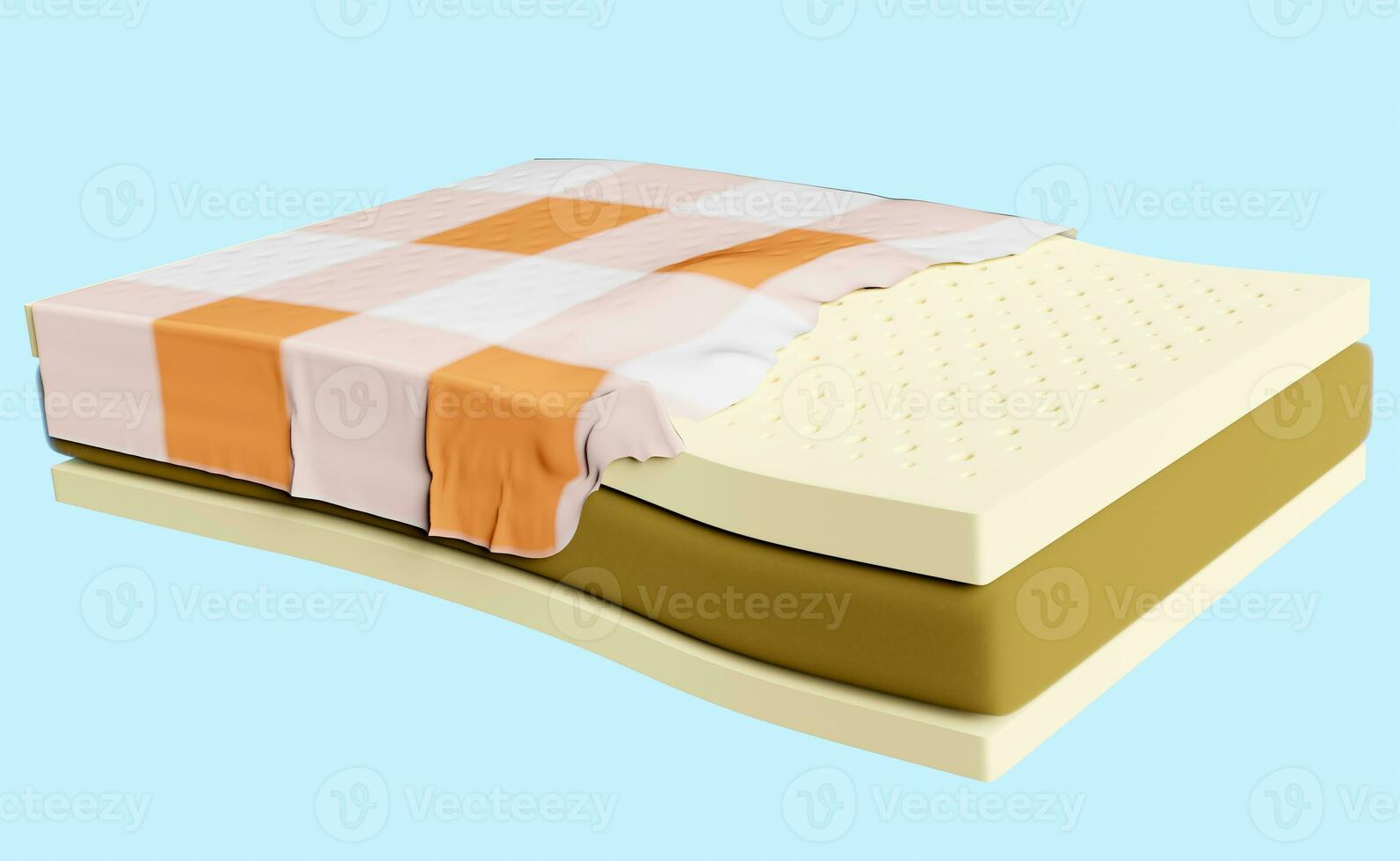 3d layered sheet material mattress with fabric, soft sponge, natural latexisolated on blue background. minimal abstract, 3d render illustration, clipping path photo