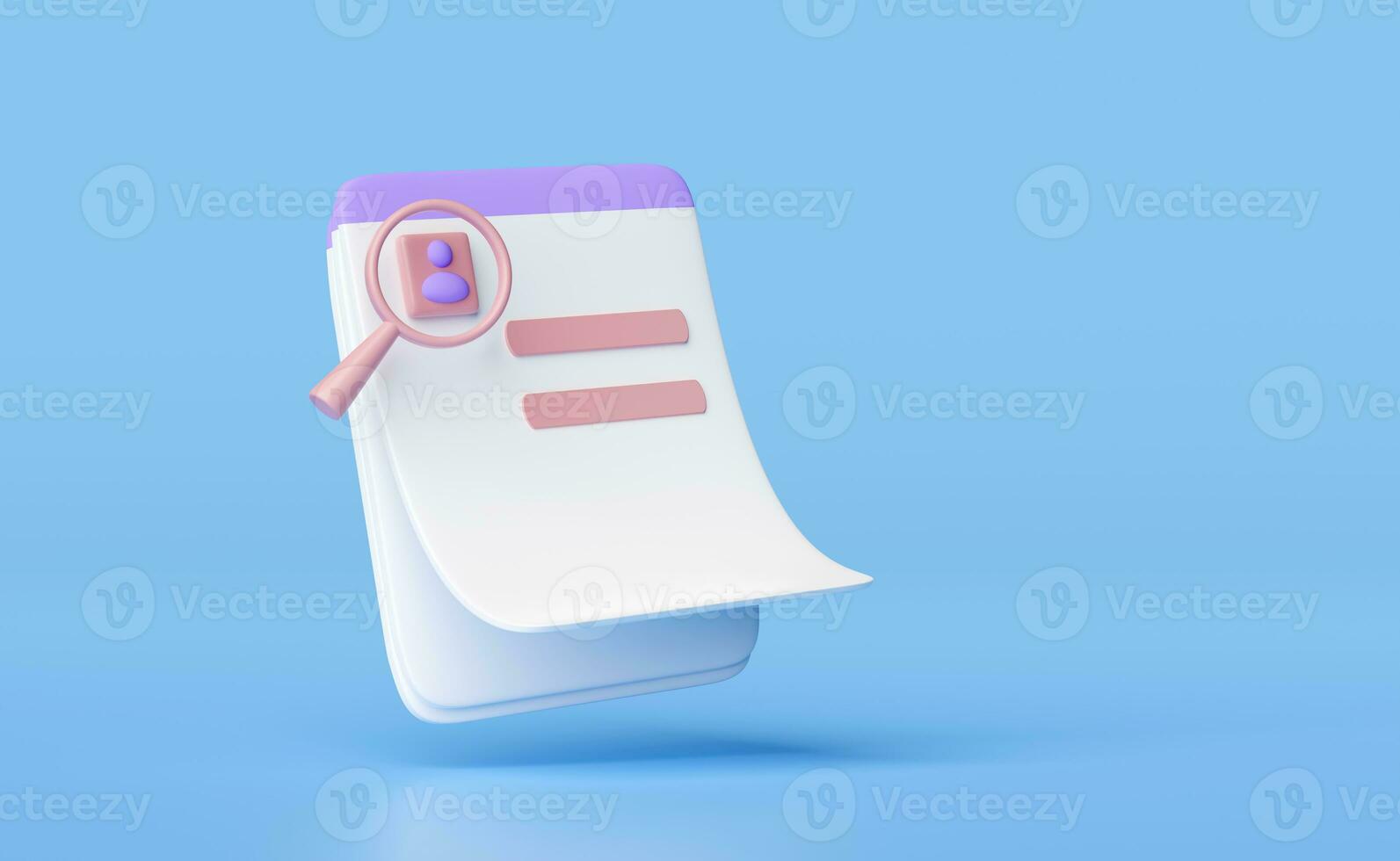 3d Id card with checklist paper, magnifying glass, clipboard isolated on blue background. recruitment staff, human resources, job search, job application concept,  3d render illustration photo
