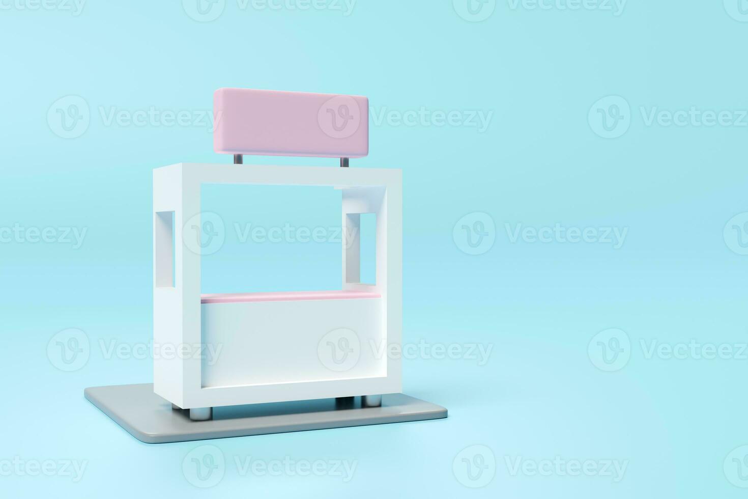 3d booth shop icon or pink white empty retail store front with shop sign isolated on blue background. startup franchise business concept, 3d render illustration, clipping path photo