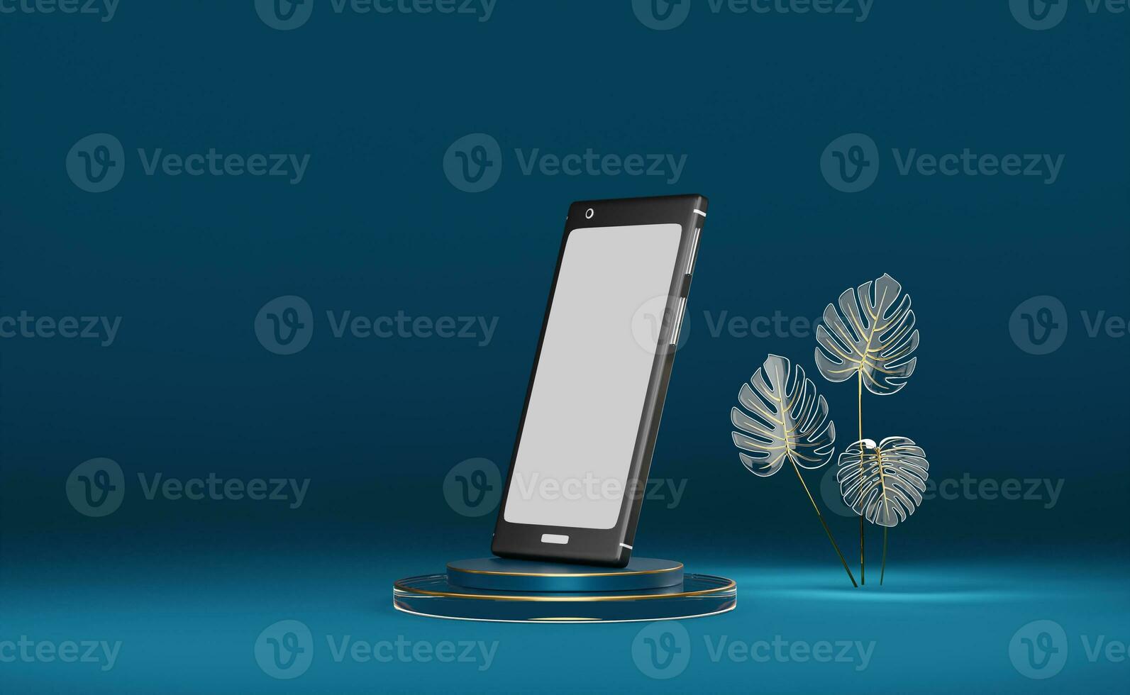 black mobile phone and podium with glass monstera leaf in blue background ,glass pedestal showcase for modern ,3d illustration or 3d render photo