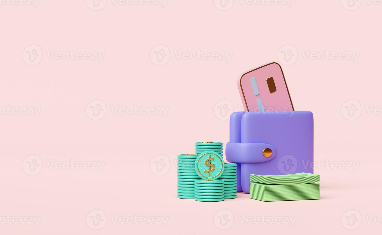 purple wallet with dollar coins stacks,banknote,credit card isolated on pink background.saving money concept,3d illustration or 3d render photo