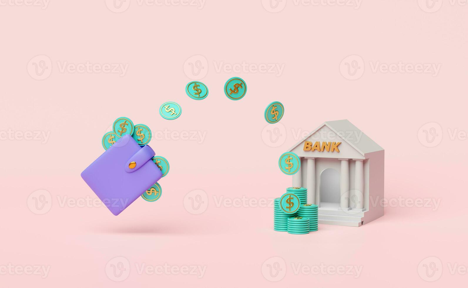 banco o impuesto oficina edificio con púrpura billetera, dólar monedas pilas aislado en rosado fondo.ahorro dinero concepto, 3d ilustración, 3d hacer foto