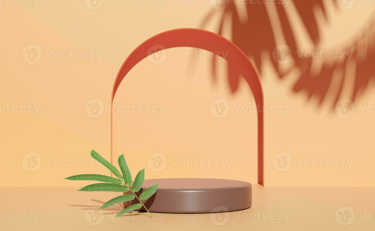 3d brown cylinder stage podium empty with shadow, blue sky, abstract geometric cosmetic showcase pedestal orange background. minimal modern scene, 3d render illustration photo
