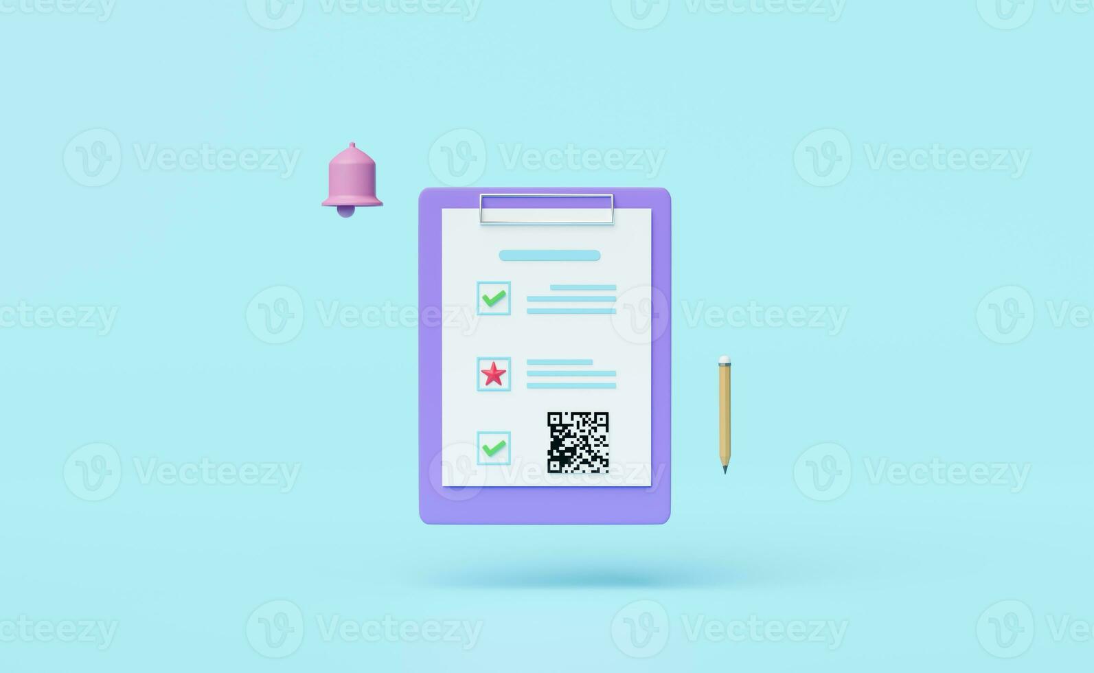 white clipboard with qr code,checklist,check,notification bell isolated on blue background,Online marketing,business strategy concept,3d illustration,3d render photo