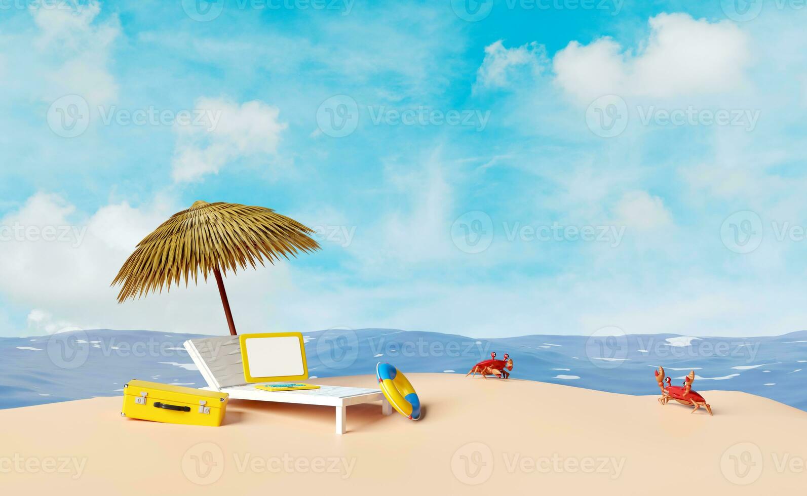 beach chair with umbrella,palm tree,lifebuoy,seaside,crab,suitcase isolated on blue sky background.summer travel concept,3d illustration or 3d render photo