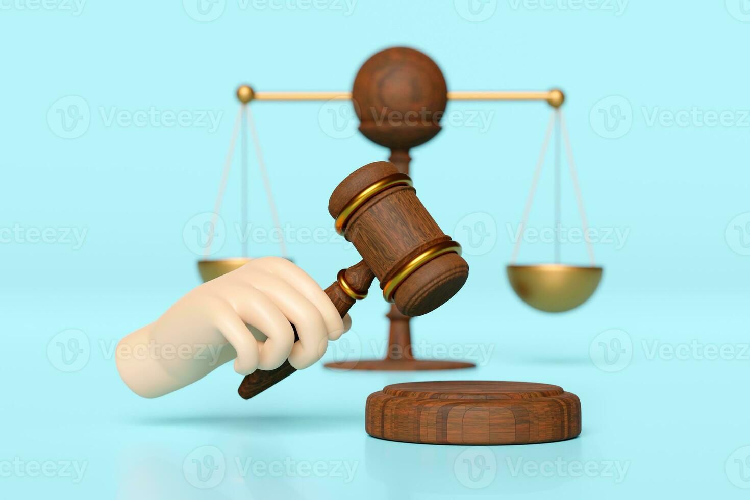 3d wooden judge gavel, hand holding hammer auction with justice scales, stand isolated on blue background. law, justice system symbol concept, 3d render illustration photo