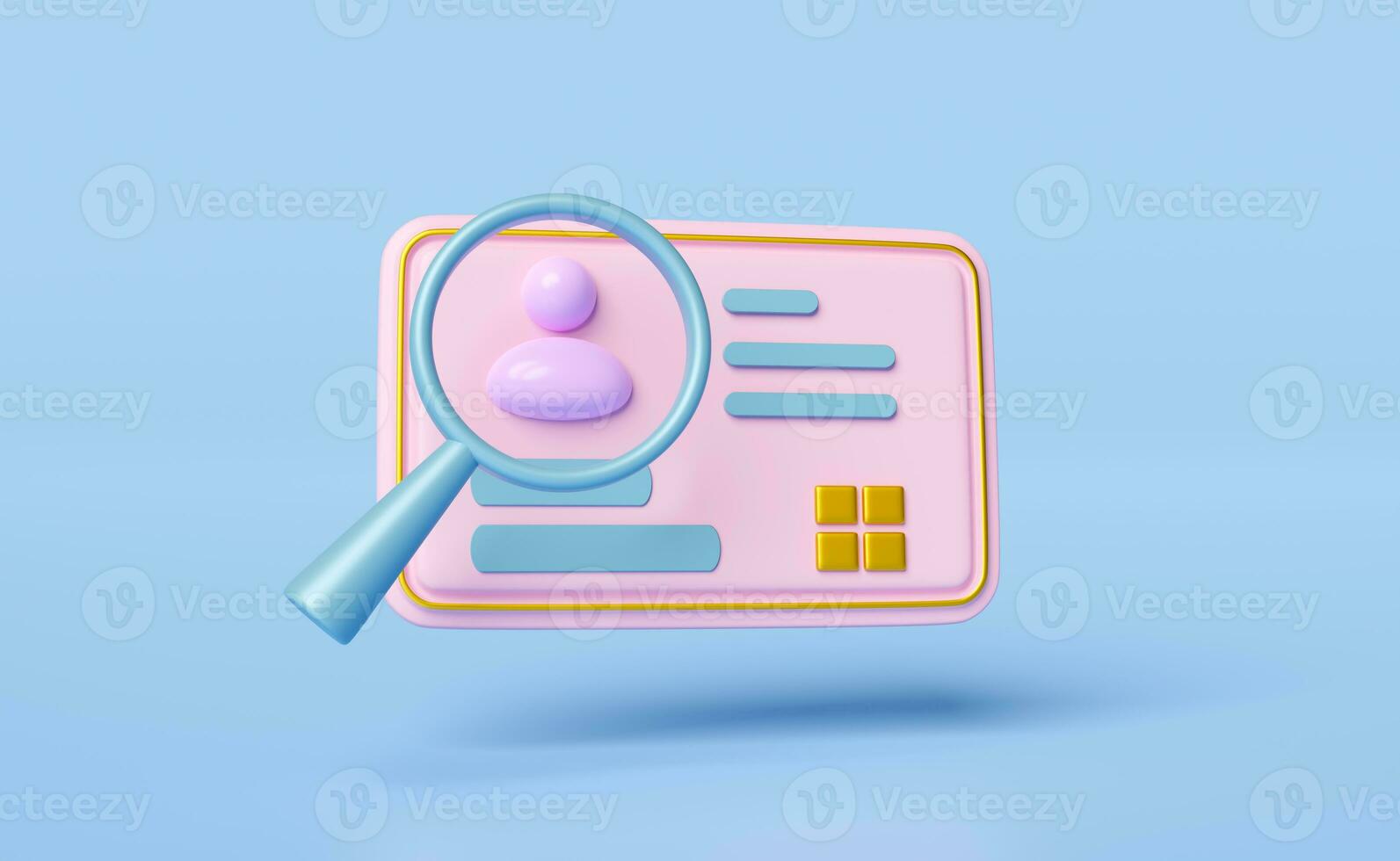 3d Id card icon with magnifying glass isolated on blue background. human resources, plastic card, Job search, verify identity concept, 3d render illustration photo