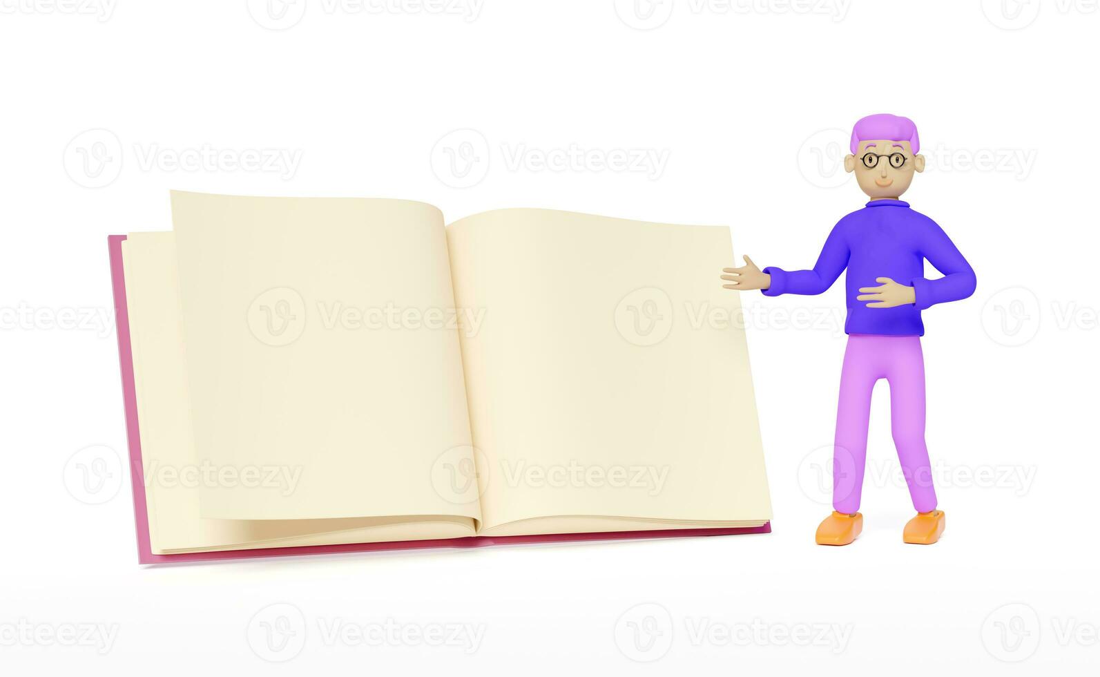 Character cartoon man standing near open book  isolated on white background ,mockup template concept ,3d render photo