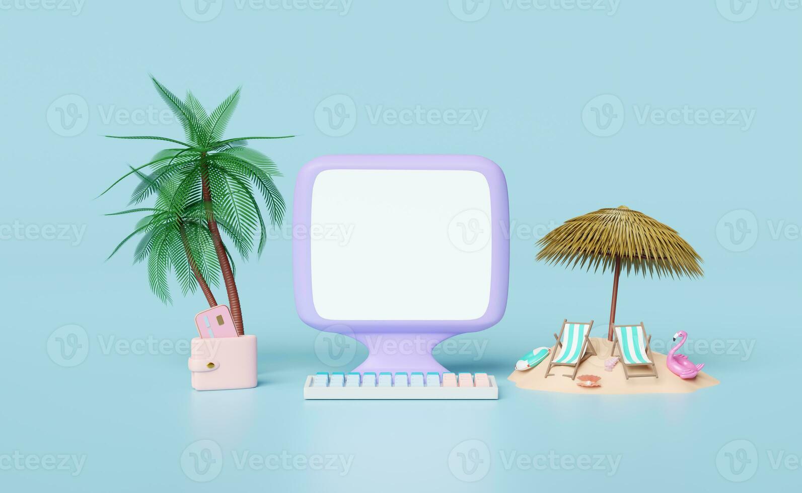 laptop computer monitor with beach chair,palm leaf,umbrella,lifebuoy,wallet, credit card,shellfish isolated on blue background.online shopping summer sale concept, 3d illustration or 3d render photo