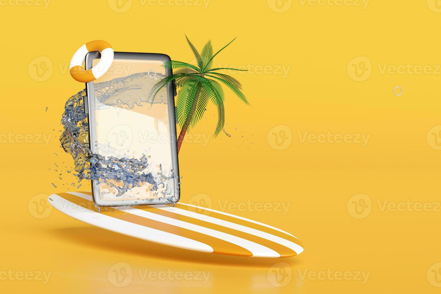 mobile phone or smartphone with water splash, palms, search magnifying, surfboard, lifebuoy isolated on yellow background. online shopping, summer travel vacation concept, 3d render illustration photo