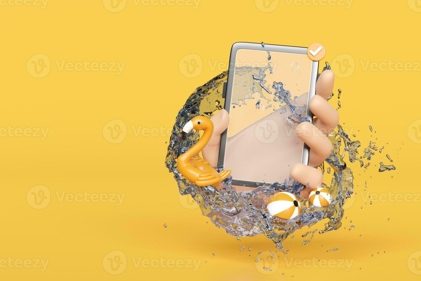3d hand holding smartphone with water splash, flamingo isolated on yellow background. hand using mobile phone, online shopping, summer travel vacation concept, 3d render illustration photo