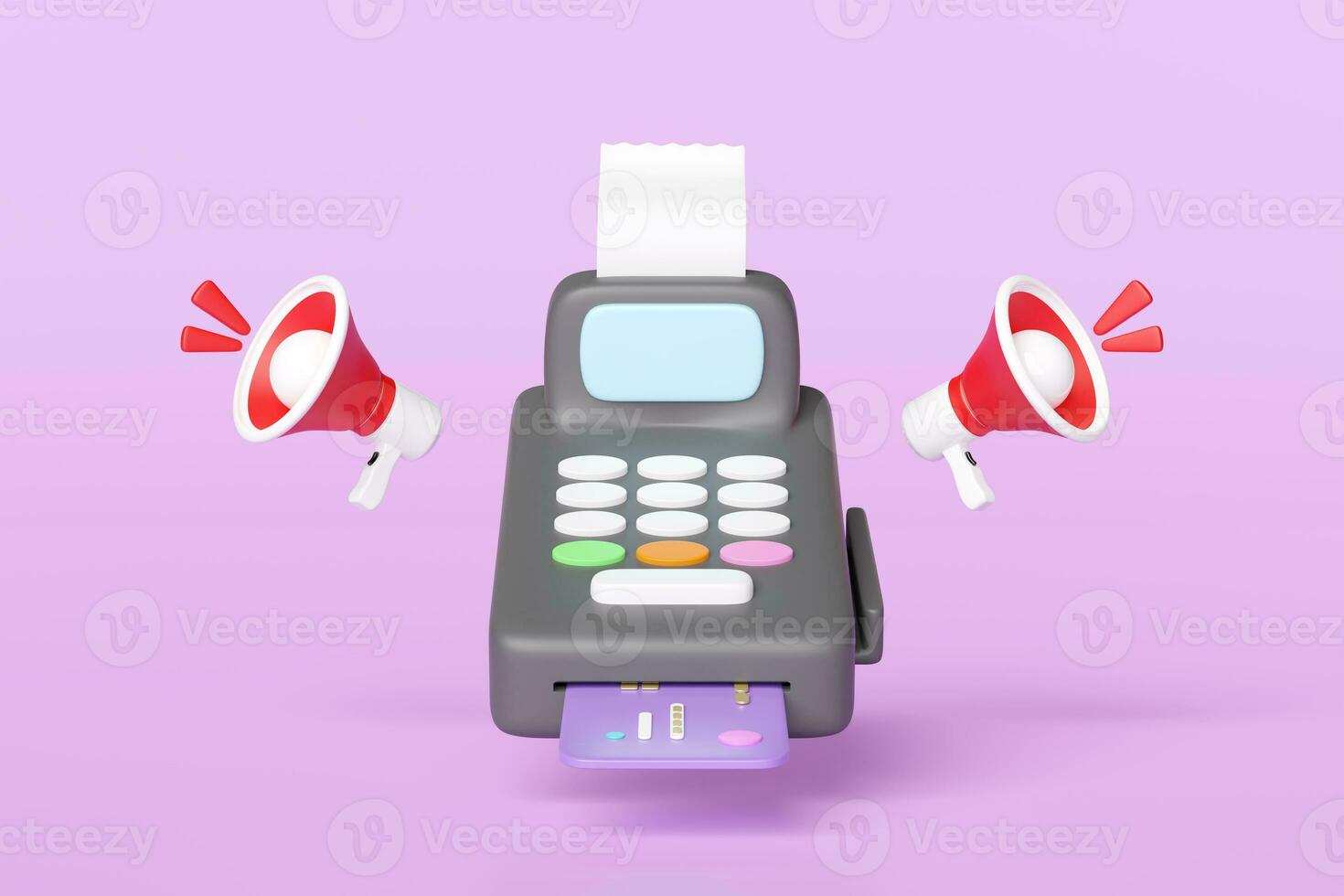 3d payment machine or pos terminal float with credit card, electronic bill payment, invoice, paper check receipt, megaphone isolated on pink background.  3d render illustration, clipping path photo