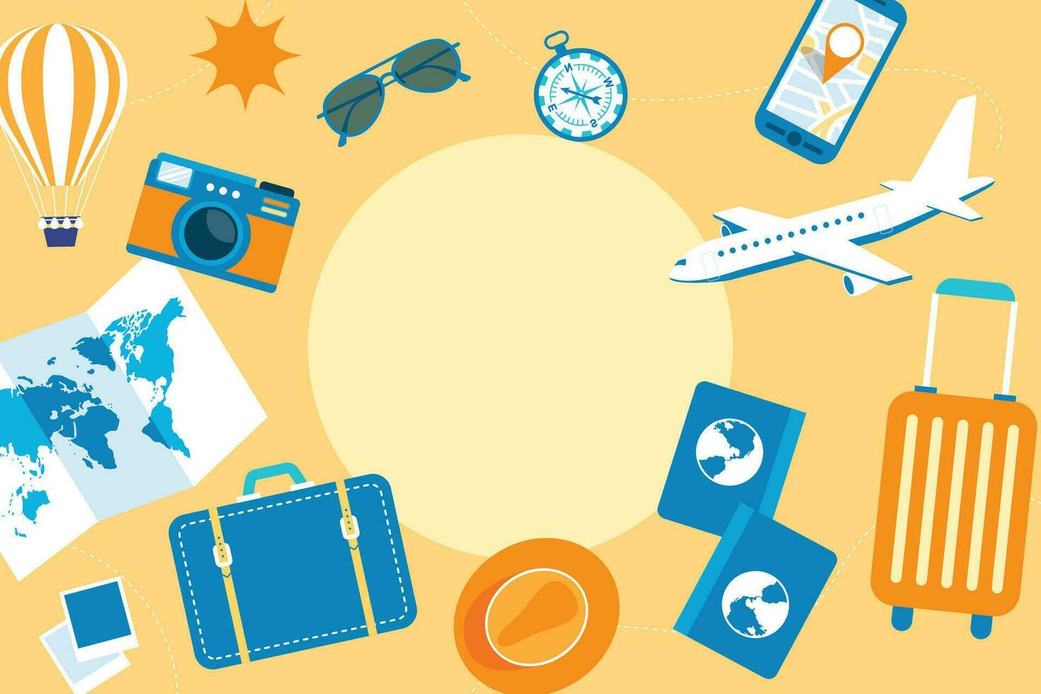Travel destination vector background and template design with travel destinations and famous landmarks and attractions for tourism. Let's go travel vector illustration.