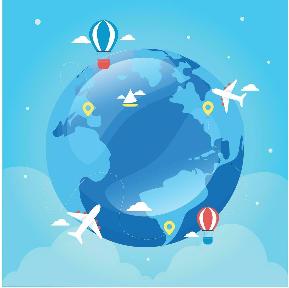 Travel destination vector background and template design with travel destinations and famous landmarks and attractions for tourism. Let's go travel vector illustration.