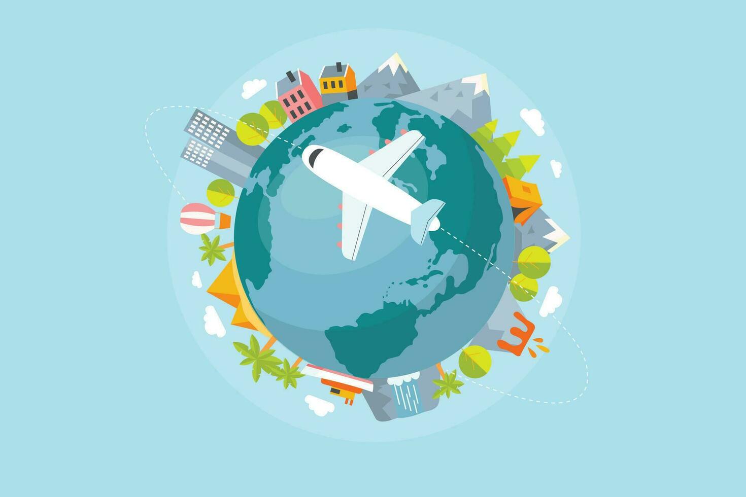 airplane and time to travel banner. travel around the world. landmarks on the globe. Tourism trip concept. Journey in Vacation. Vector illustration modern flat design.