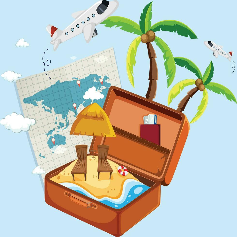 Time to travel. An air balloon in the sky around earth. Concept of travel around the world. vector