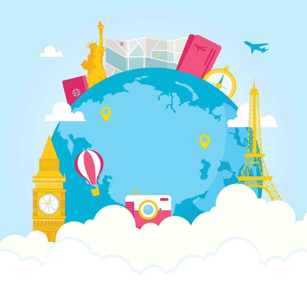 airplane and time to travel banner. travel around the world. landmarks on the globe. Tourism trip concept. Journey in Vacation. Vector illustration modern flat design.