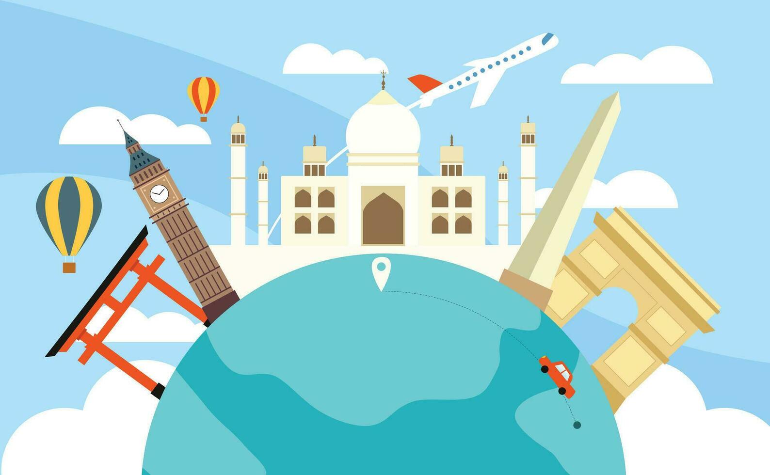 airplane and time to travel banner. travel around the world. landmarks on the globe. Tourism trip concept. Journey in Vacation. Vector illustration modern flat design.