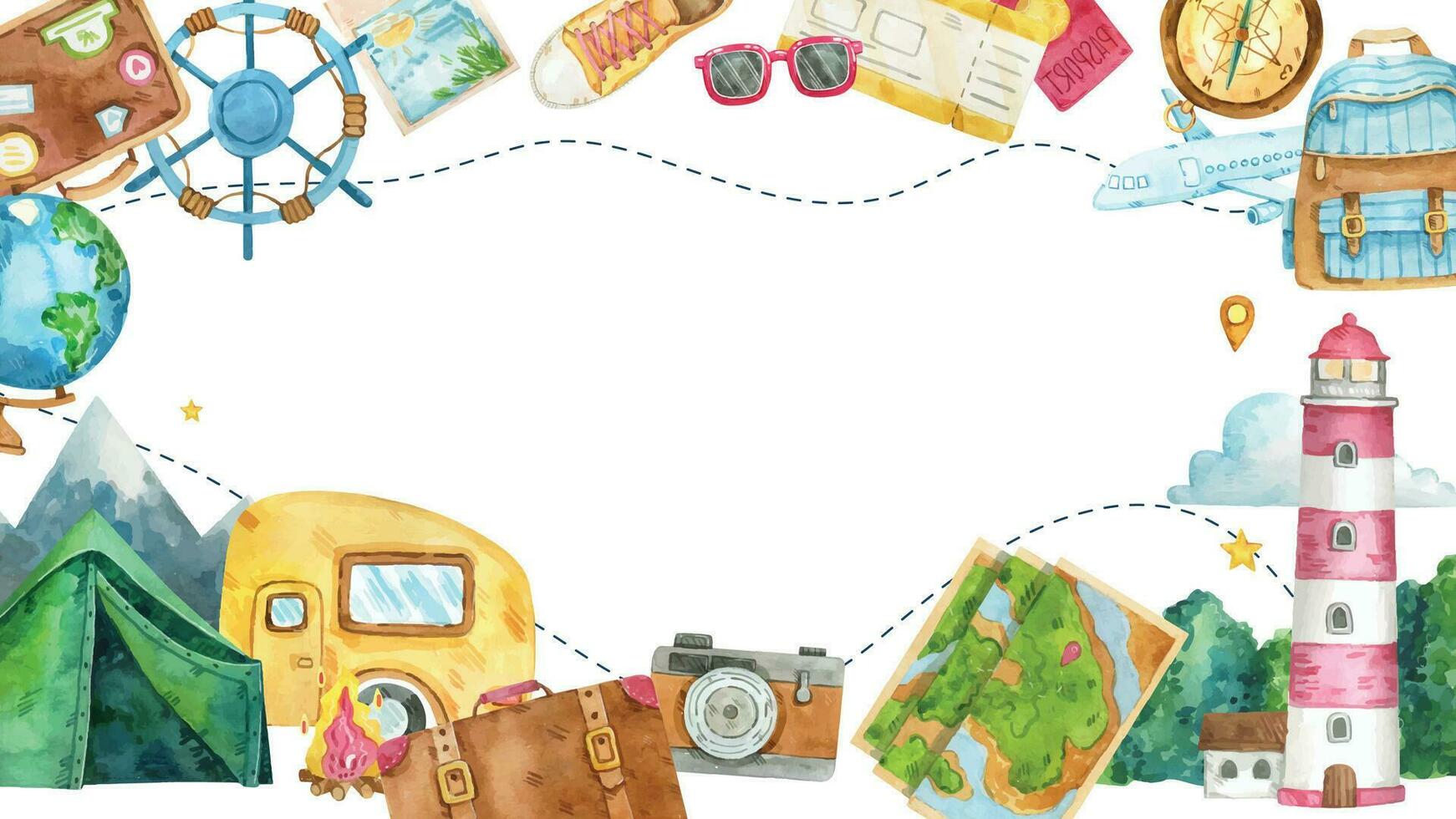 Travel destination vector background and template design with travel destinations and famous landmarks and attractions for tourism. Let's go travel vector illustration.