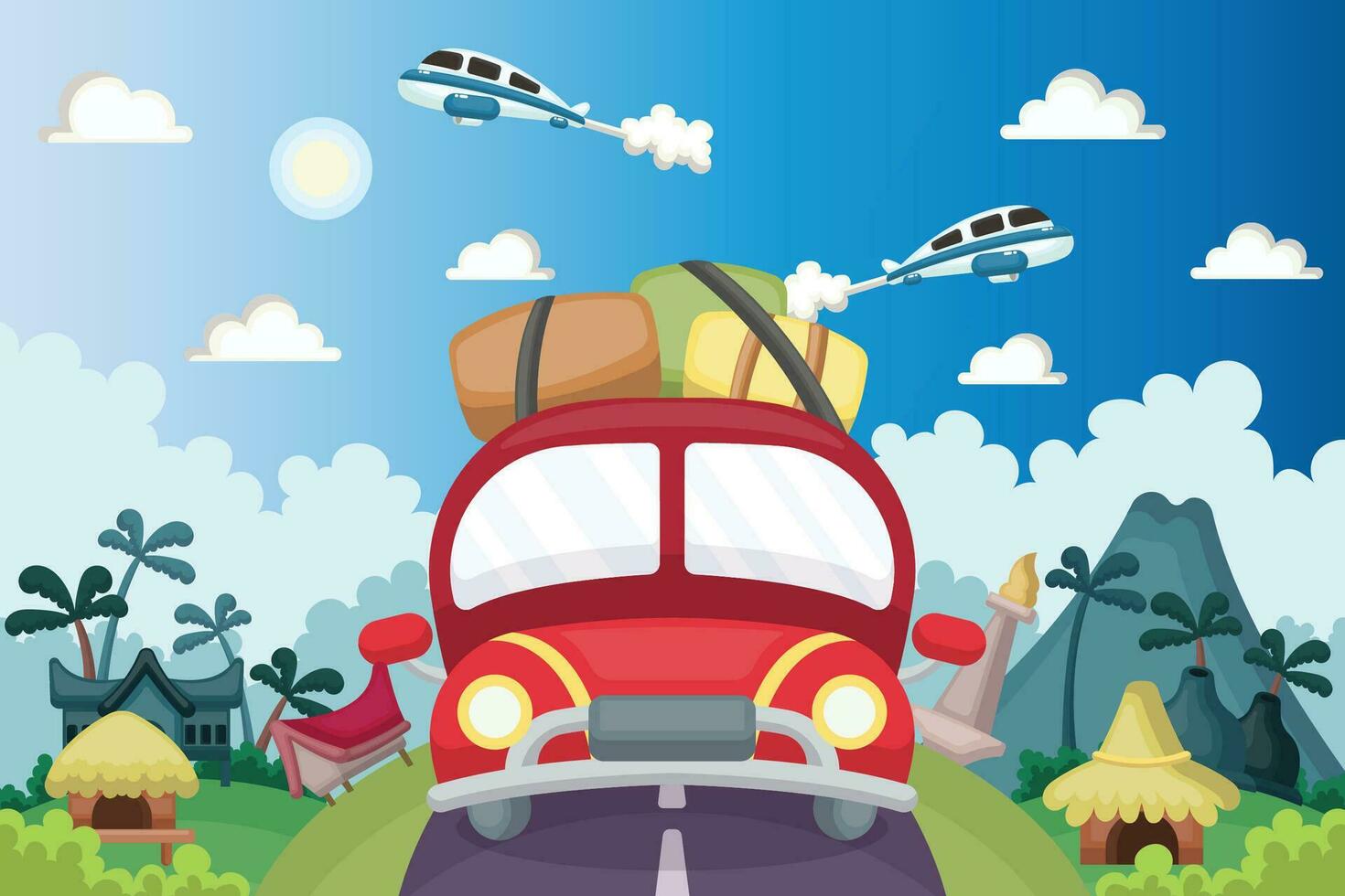 Time to travel. An air balloon in the sky around earth. Concept of travel around the world. vector
