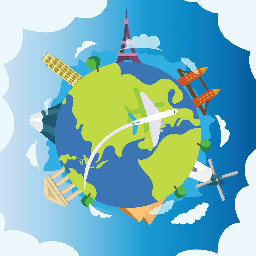 Travel composition with famous world landmarks. Travel and Tourism concept. Vector illustration