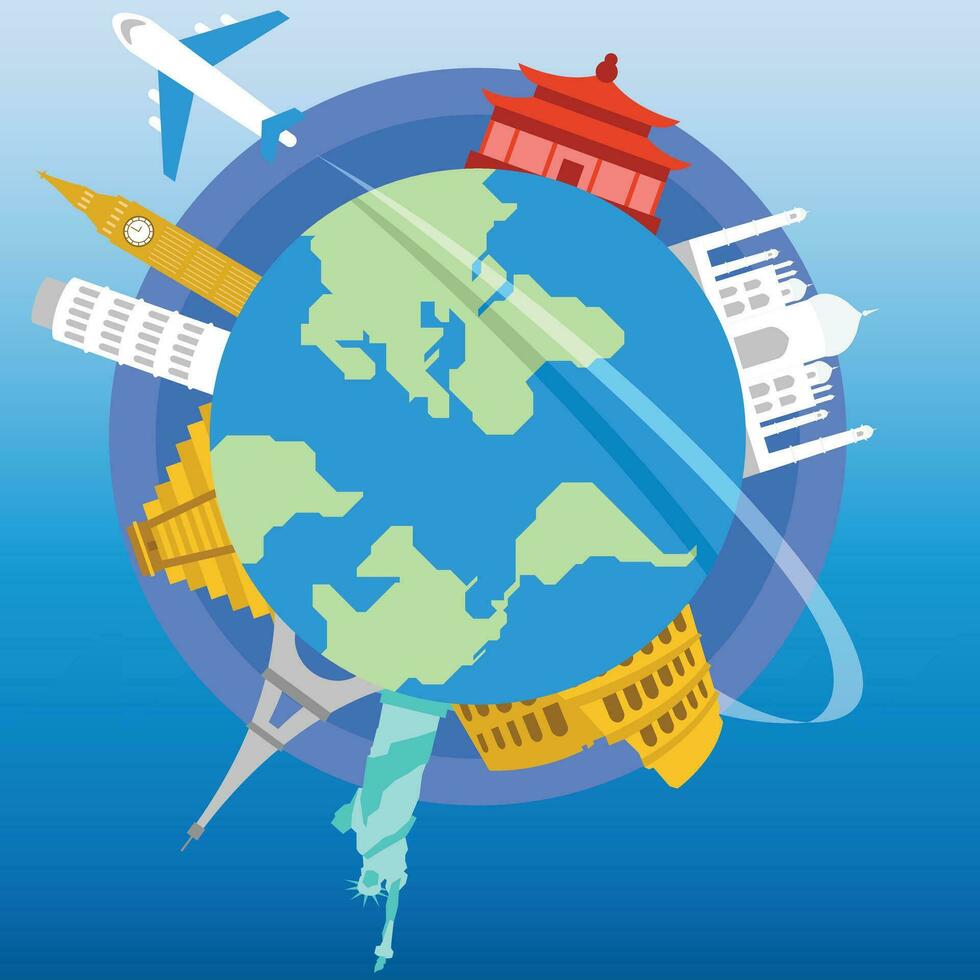 Travel composition with famous world landmarks. Travel and Tourism concept. Vector illustration