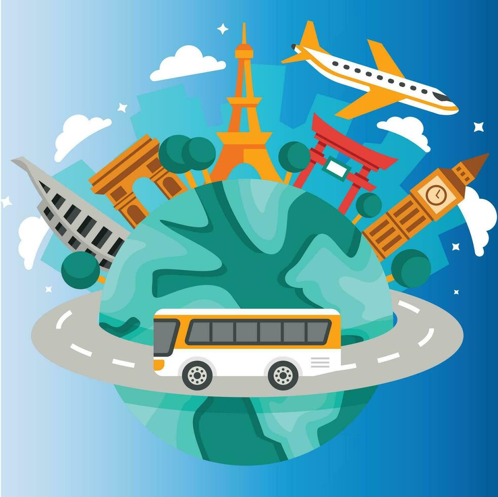 Travel composition with famous world landmarks. Travel and Tourism concept. Vector illustration