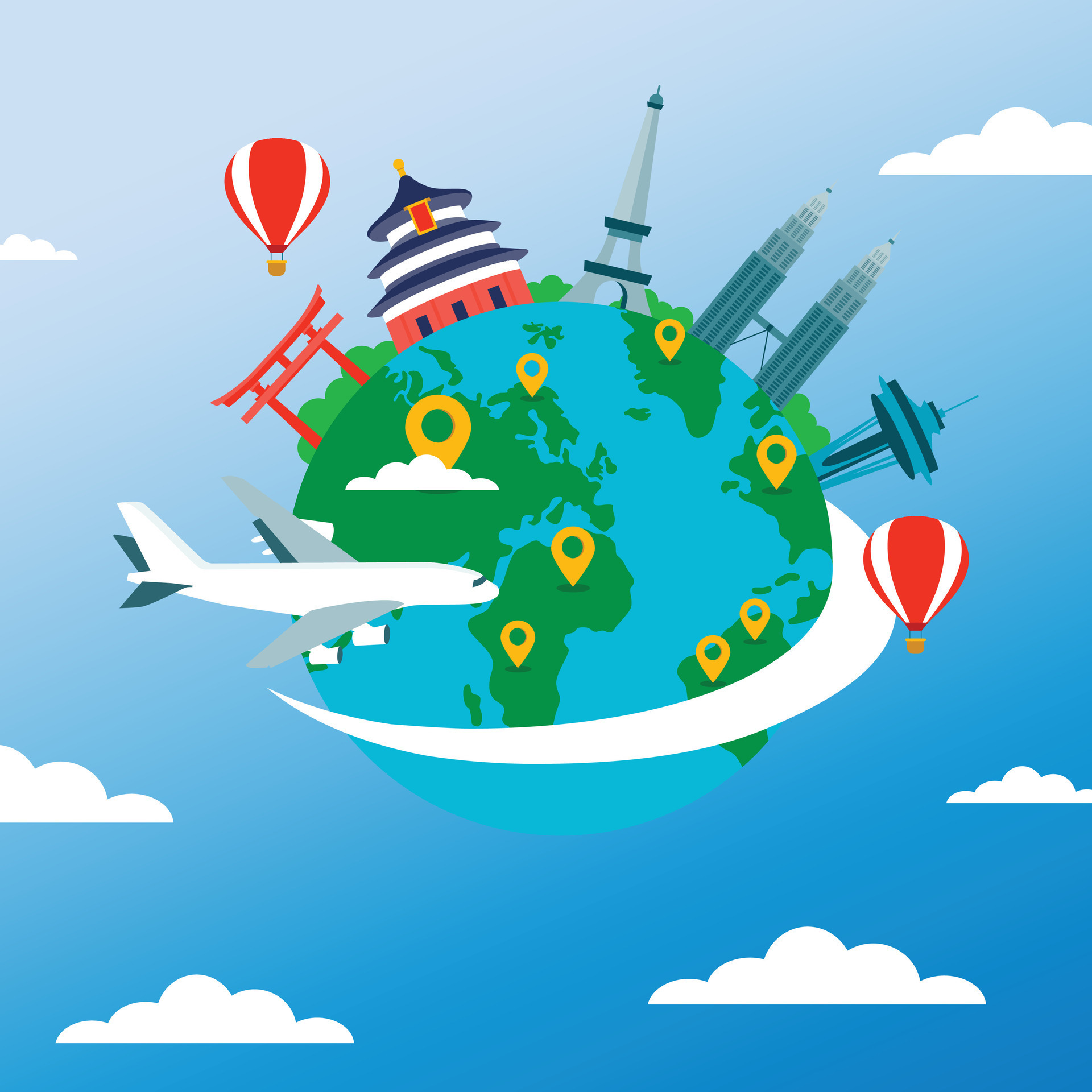 viaje el mundo. Monumento concepto. puntos de referencia en el globo ...