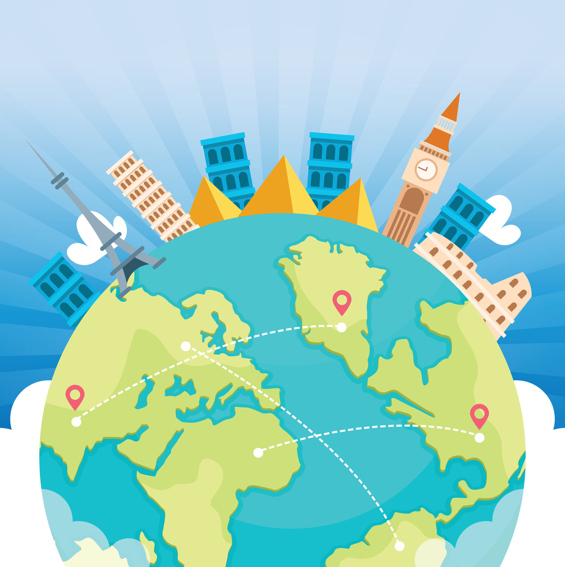 Travel the world. Monument concept. Landmarks on the globe. Tourism and 