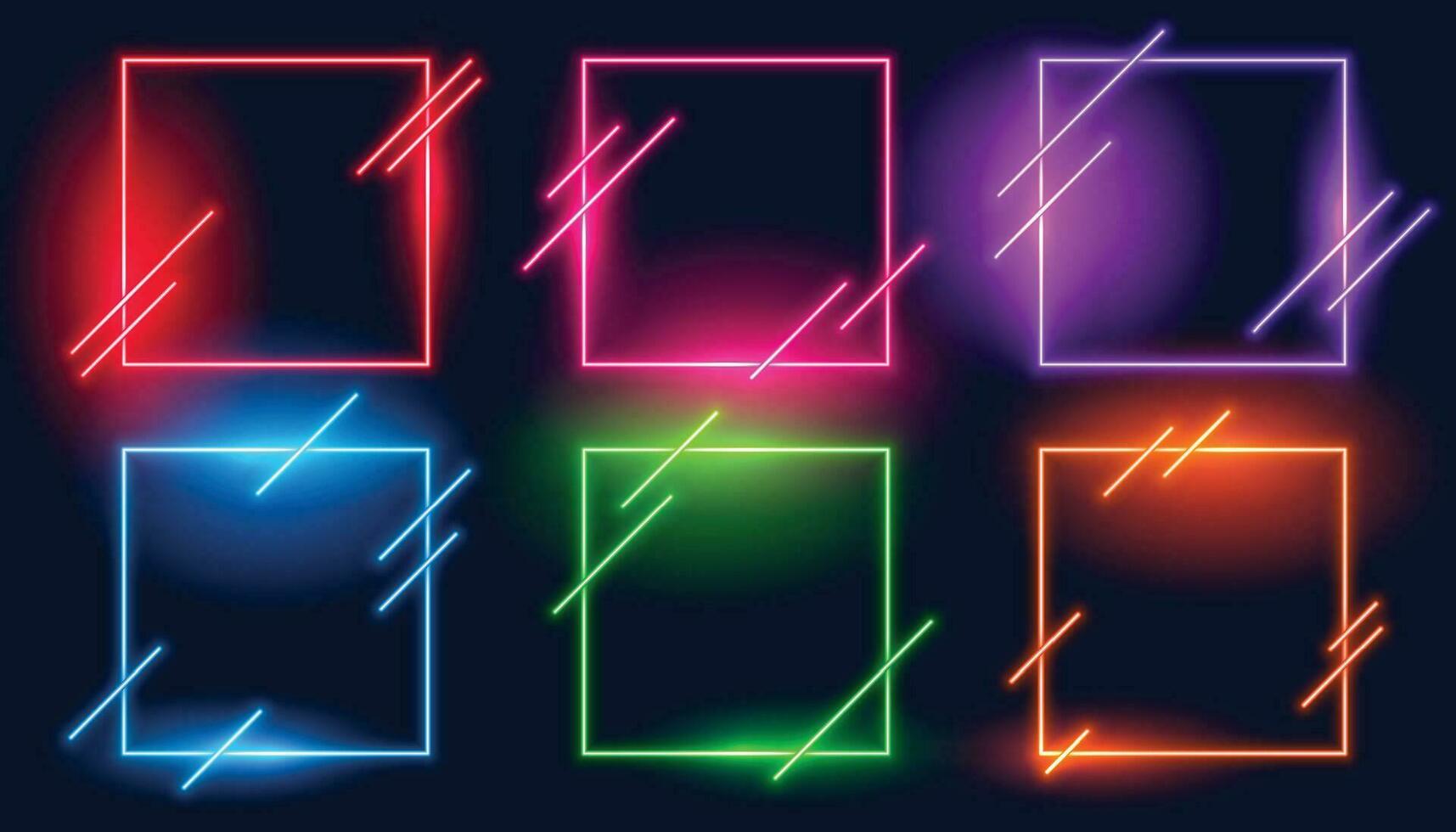 Set of three neon square frames with shining effects on dark background. Empty glowing techno backdrop. Vector illustration.