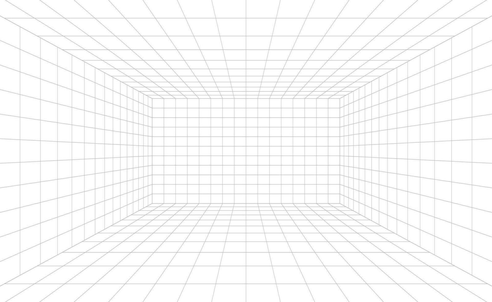 3d wireframe grid room. 3d perspective laser grid 16 9.. Cyberspace blue background with white mesh. Futuristic digital hallway space in virtual reality. Vector illustration.