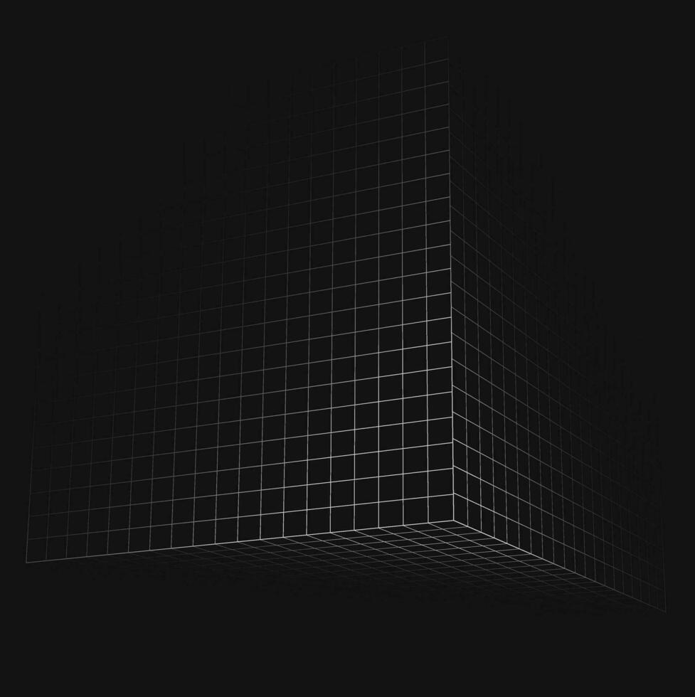 Cyber grid, retro punk perspective rectangular tunnel. Grid tunnel geometry on black background. Vector illustration.