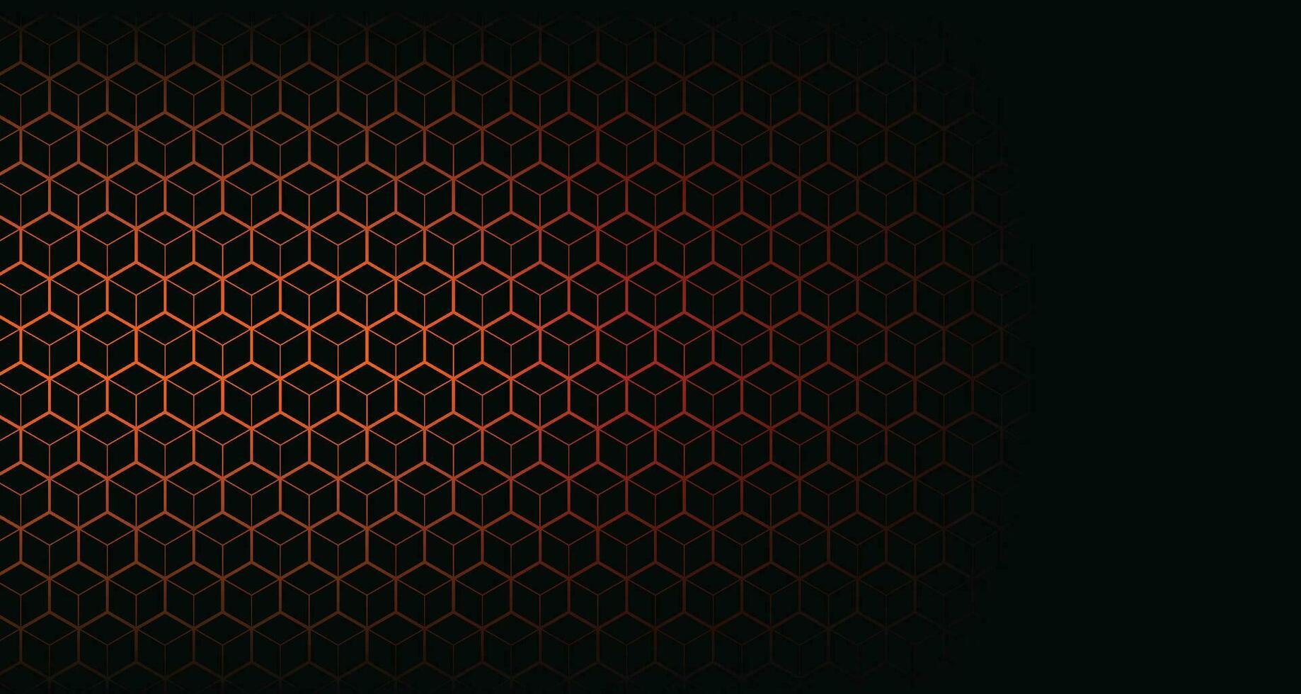 Dark black hexagon pattern on red, orange neon abstract background in technology style. Modern futuristic geometric shape web banner design. You can use for cover template, poster. Vector illustration