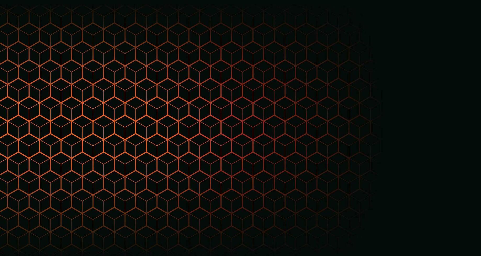 Dark black hexagon pattern on red, orange neon abstract background in technology style. Modern futuristic geometric shape web banner design. You can use for cover template, poster. Vector illustration