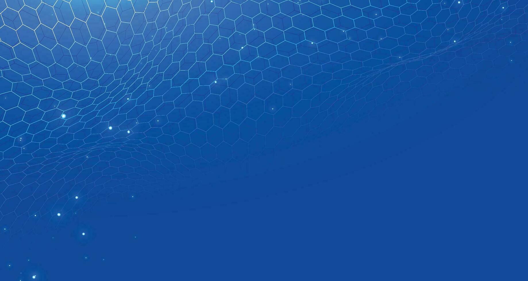 Dark blue technology hexagonal vector background. Abstract blue bright energy flashes under hexagon in navy blue technology, modern, futuristic vector illustration. Blue honeycomb texture grid.