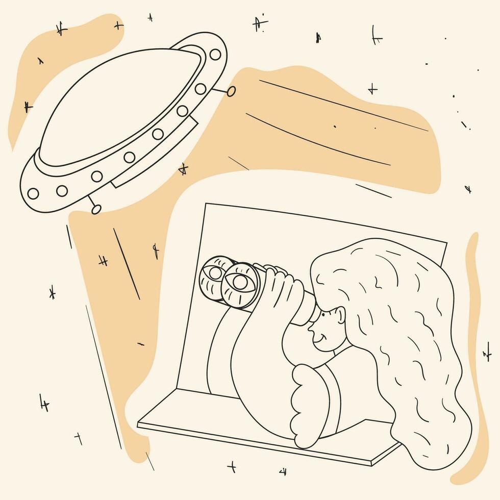 A girl watches UFOs flying through binoculars at night from a window with a flat contour drawing in corporate Memphis style vector