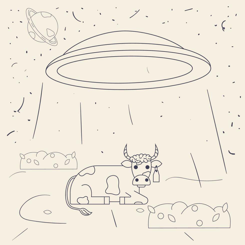 UFO kidnaps a lying cow for conducting experiments and studying a contour flat drawing in the corporate Memphis style vector