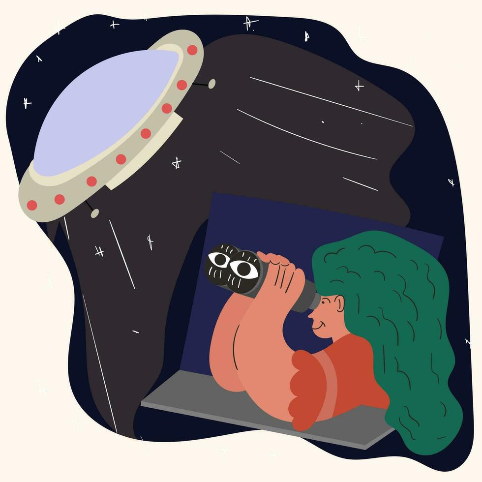 A girl watches UFOs flying through binoculars at night from a window with a flat color contour drawing in the corporate Memphis style vector